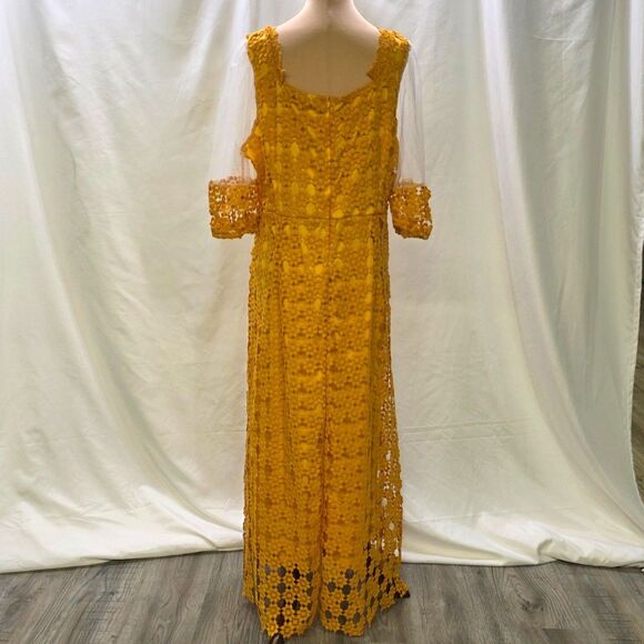 Golden Hour Glam: New Mustard Crochet Maxi Dress – Sheer Elegance! Size Large - Picture 9 of 10